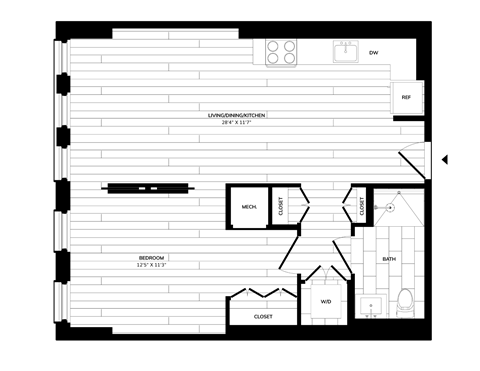 Floor plan for 1 bed, 1 bath, 750 sqft
